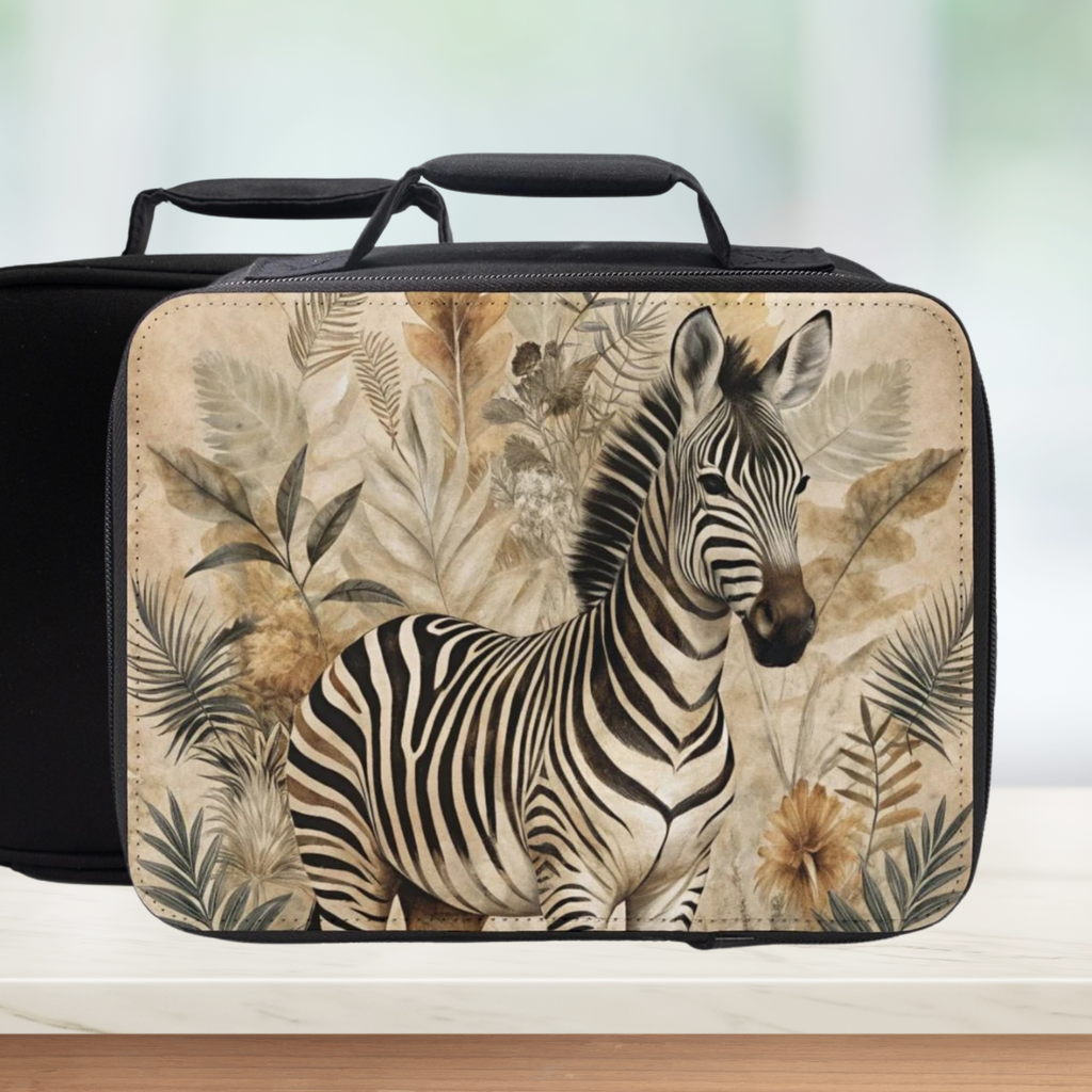 Lunch bag with zebra design on a neutral background
