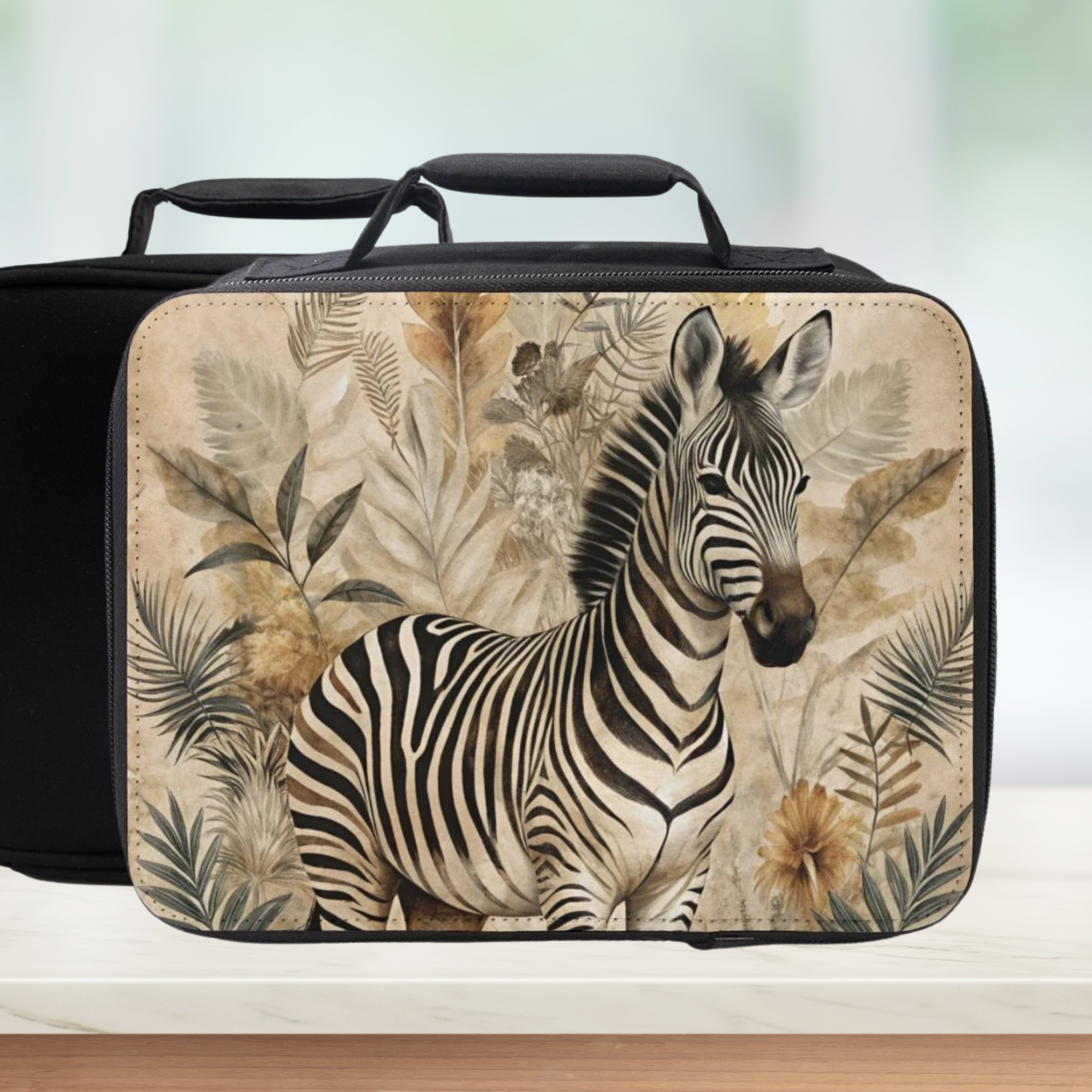 Lunch bag with zebra design on a neutral background