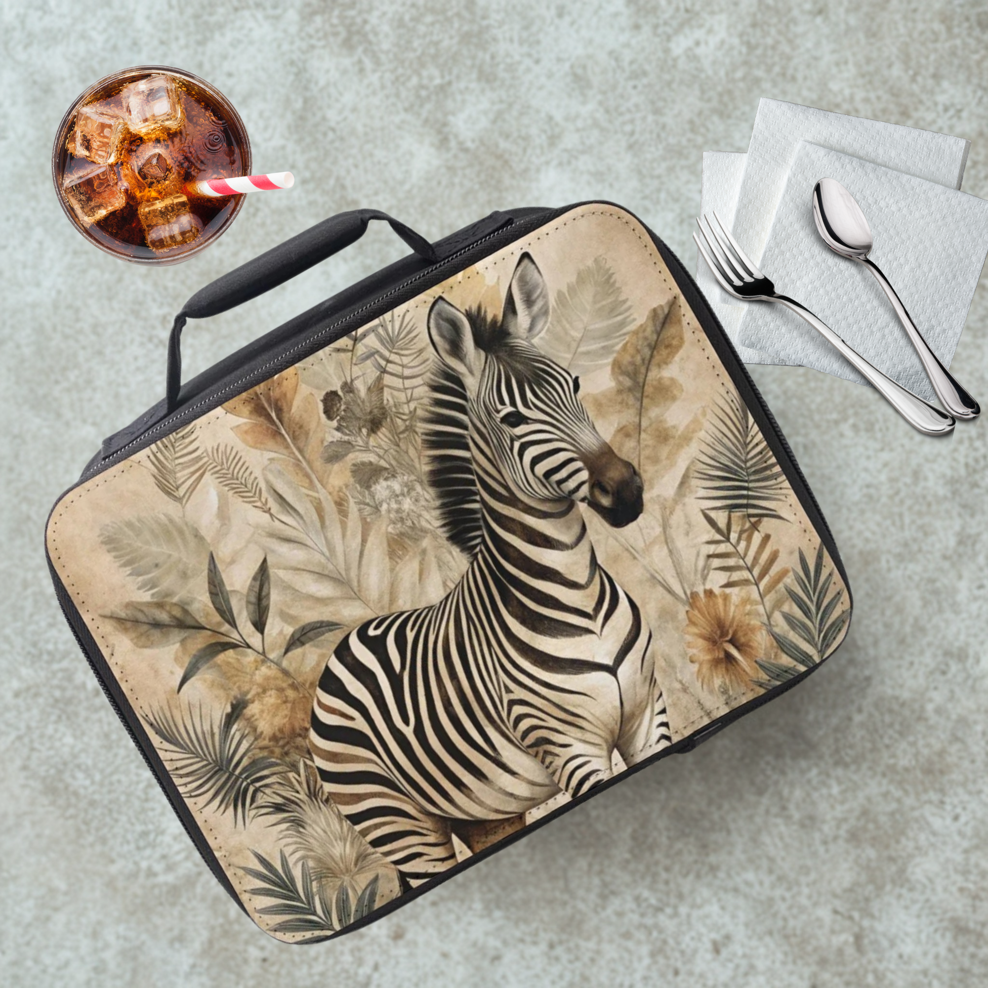 Lunch bag with zebra design on a concrete surface with a drink and utensils.