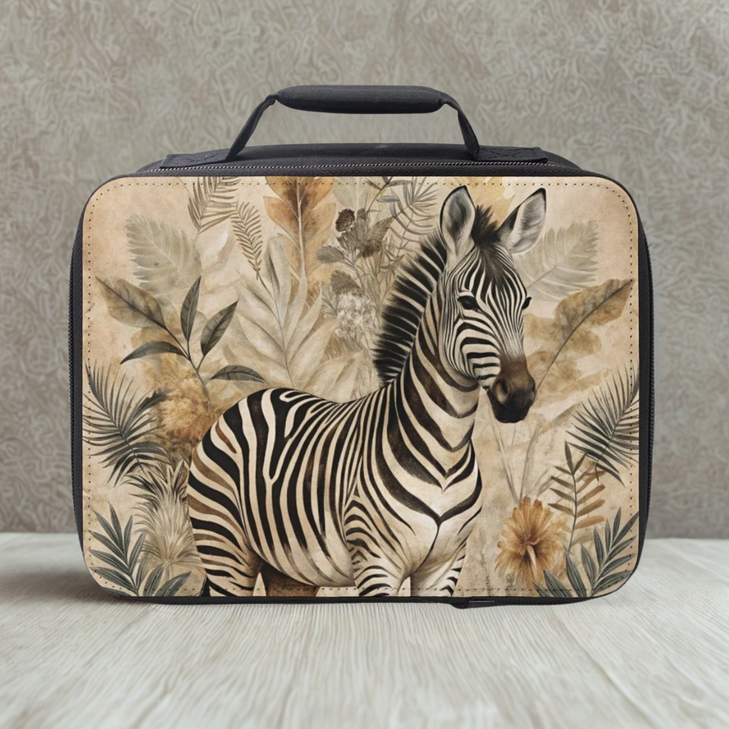 Lunch bag with zebra design on a neutral background