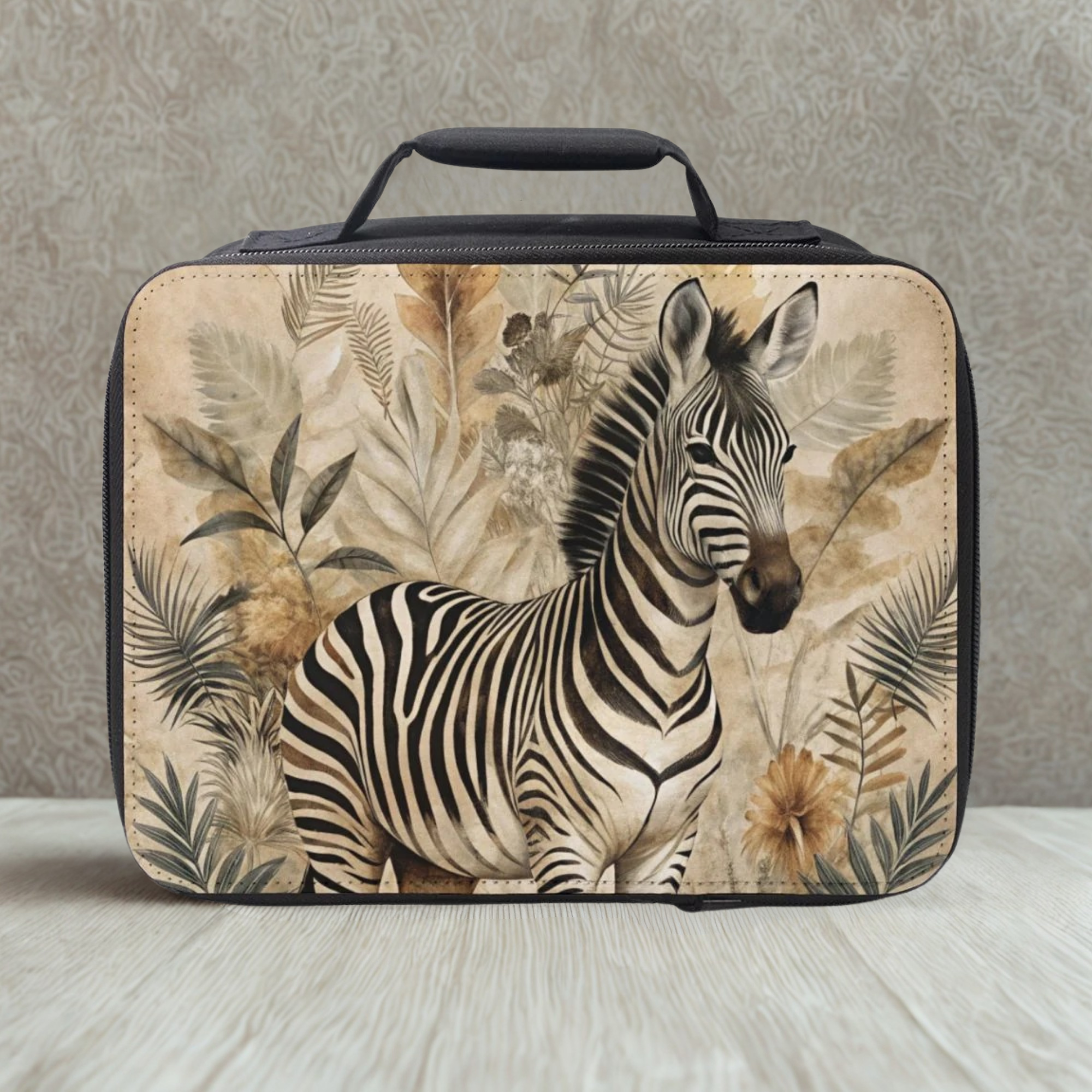 Lunch bag with zebra design on a neutral background