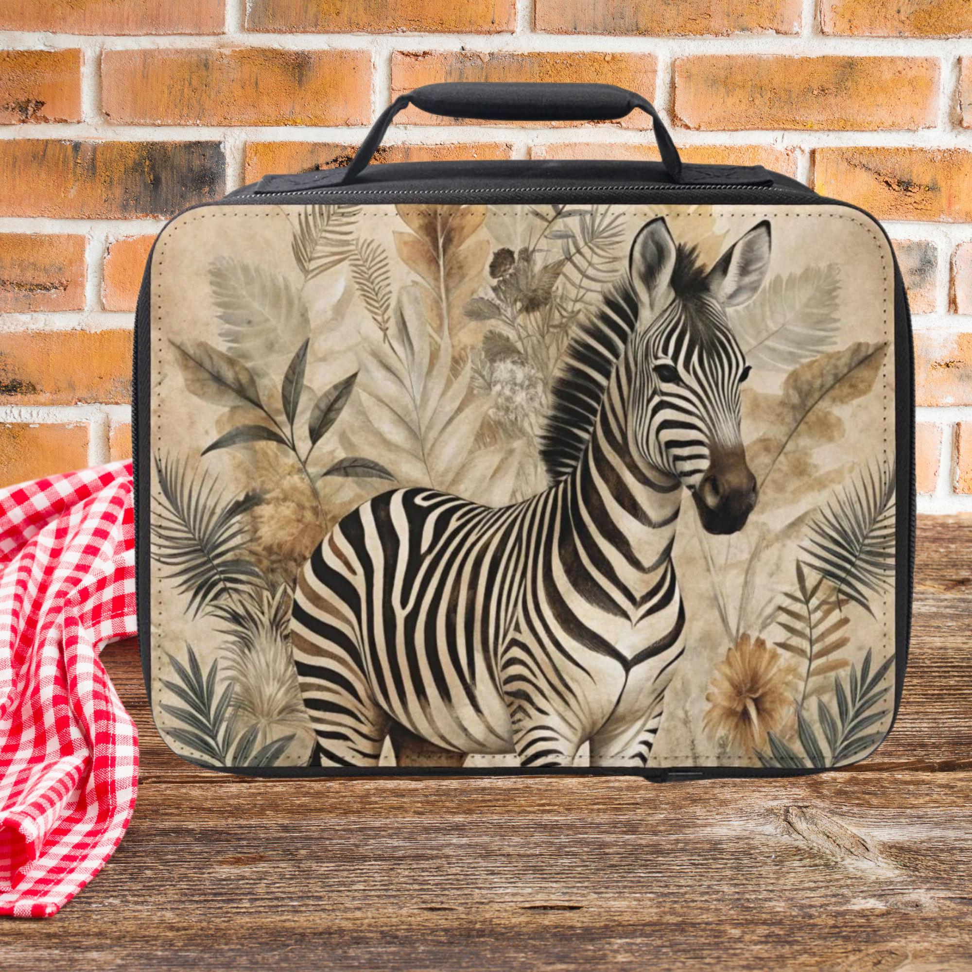  insulated lunch bag with zebra design on a wooden picnic table with a brick wall background