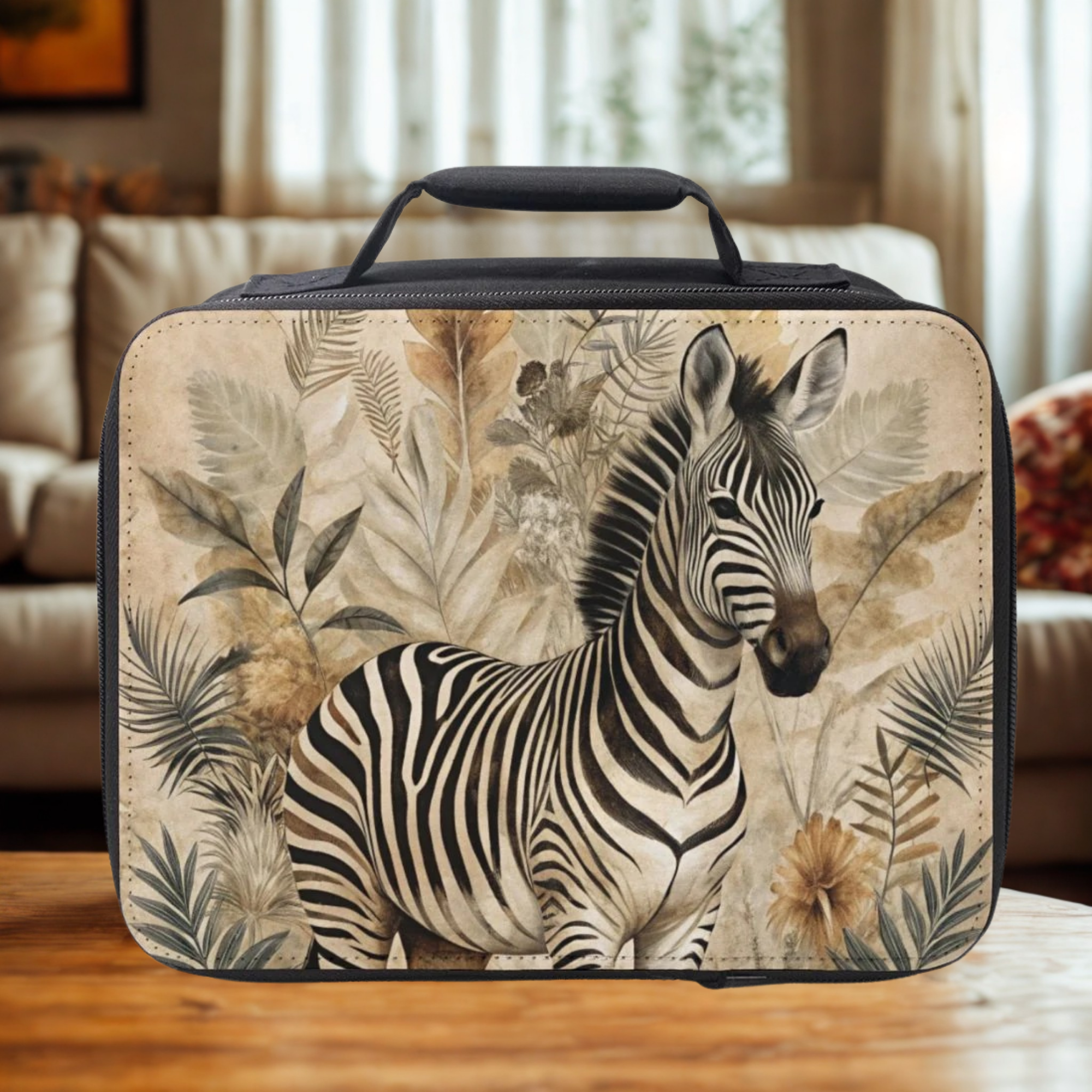 Lunch bag with zebra design on a wooden coffee table in a living room
