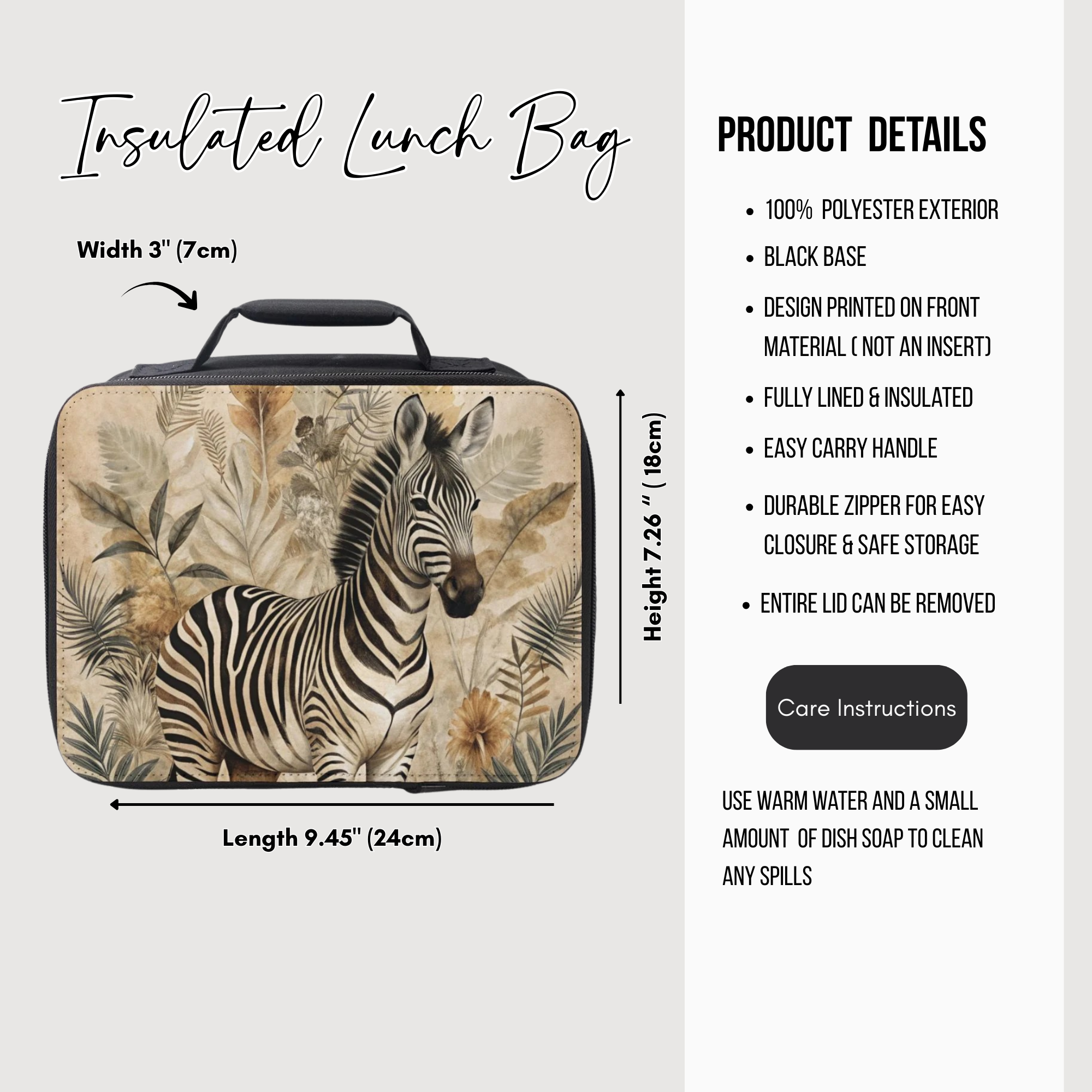 Insulated lunch bag with zebra design and product details on a white background