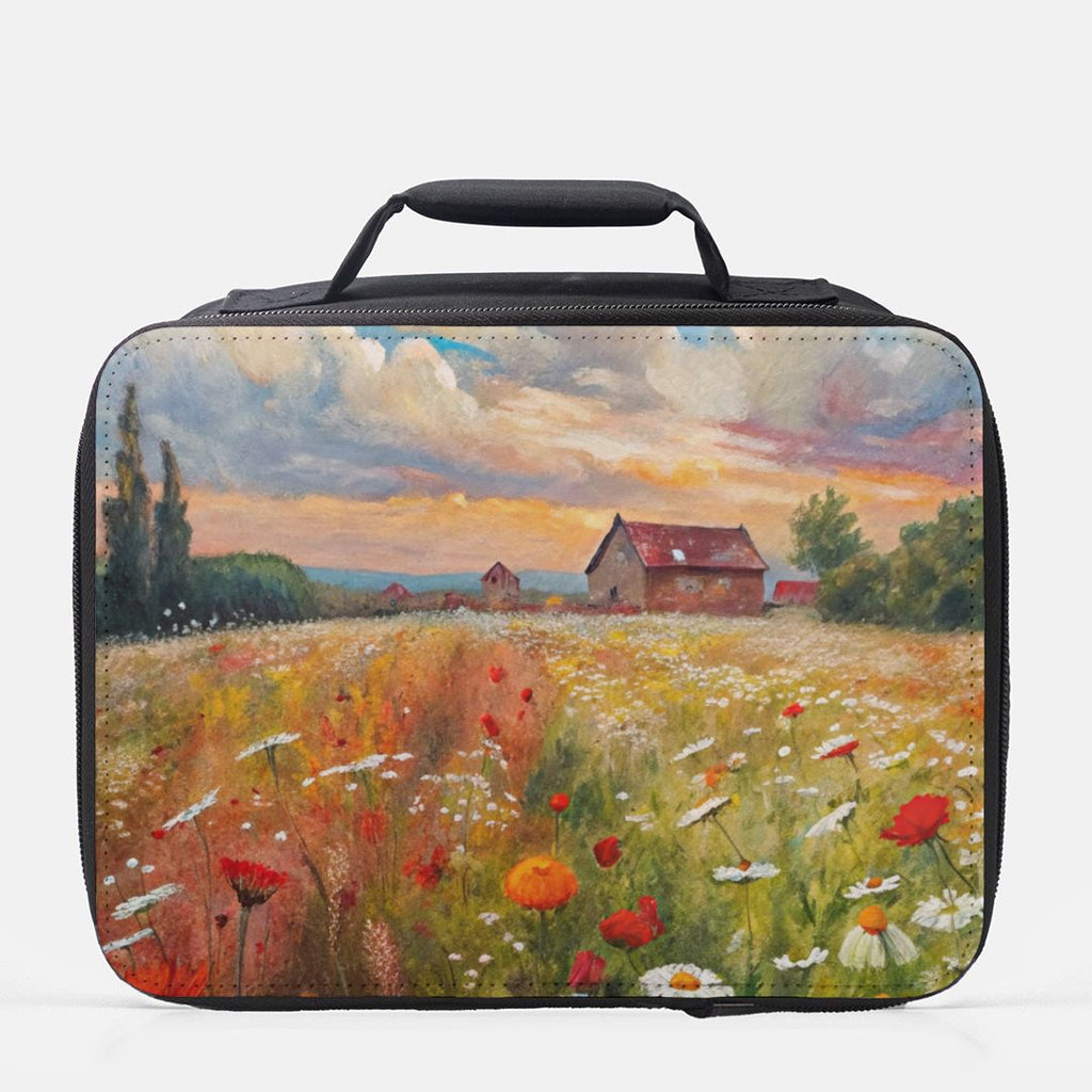  insulated lunch bag with a painted landscape design of a field and house