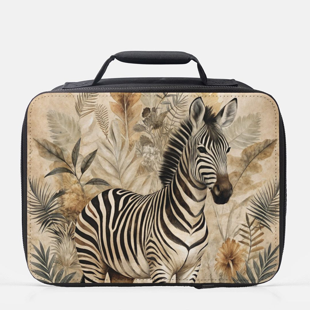 insulated lunch bag with zebra design on a beige background