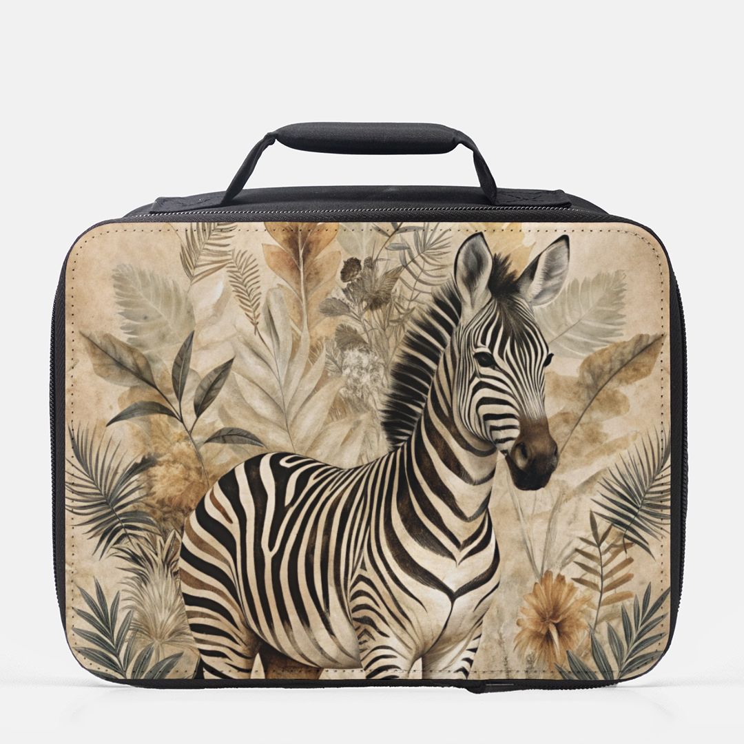  insulated lunch bag with zebra design on a beige background