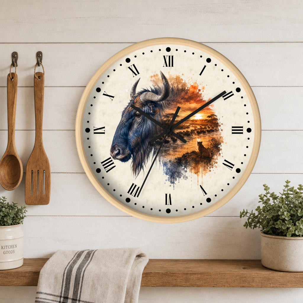 Round wall clock with a light wood frame and Roman numerals, featuring a watercolor-style Wildebeest illustration over an orange sunset scene. The clock is mounted on a white wood-paneled wall above a shelf with kitchen utensils, plants, and a towel.