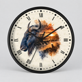 A round wall clock with a black frame and Roman numerals, featuring a watercolor-style illustration of a blue wildebeest on the left and an orange sunset landscape with a lioness on the right, shown against a light gray background.