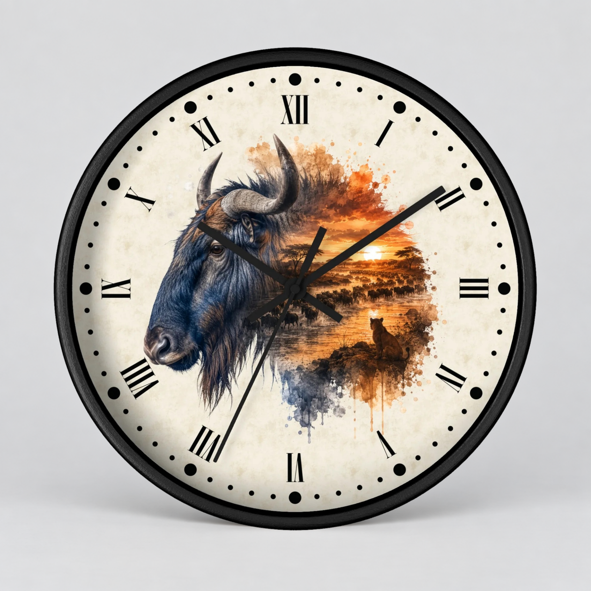 A round wall clock with a black frame and Roman numerals, featuring a watercolor-style illustration of a blue wildebeest on the left and an orange sunset landscape with a lioness on the right, shown against a light gray background.