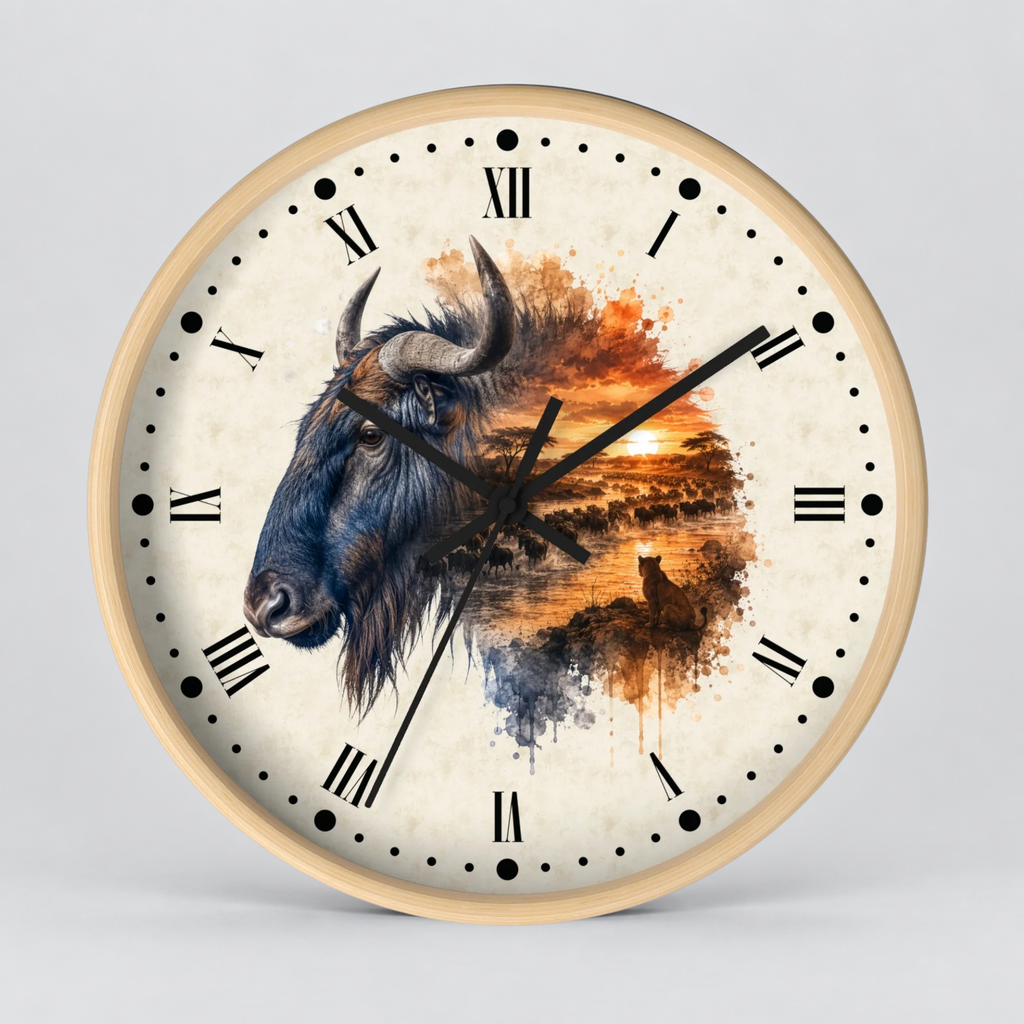 Round wall clock with a light wood frame, black Roman numerals, and a printed design featuring a Wildebeest head on the left and an orange sunset landscape on the right, shown against a light gray background.
