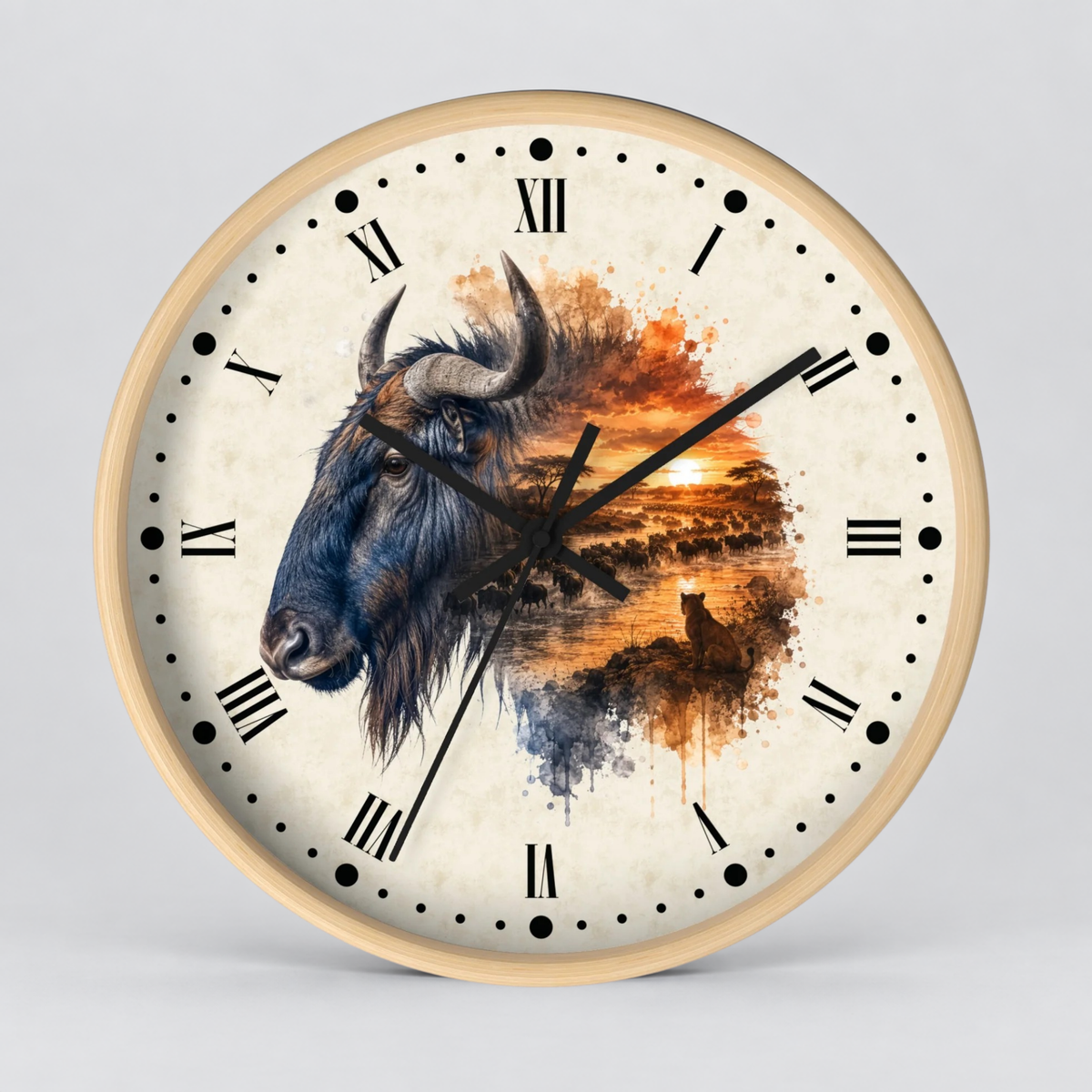 Round wall clock with a light wood frame, black Roman numerals, and a printed design featuring a Wildebeest head on the left and an orange sunset landscape on the right, shown against a light gray background.
