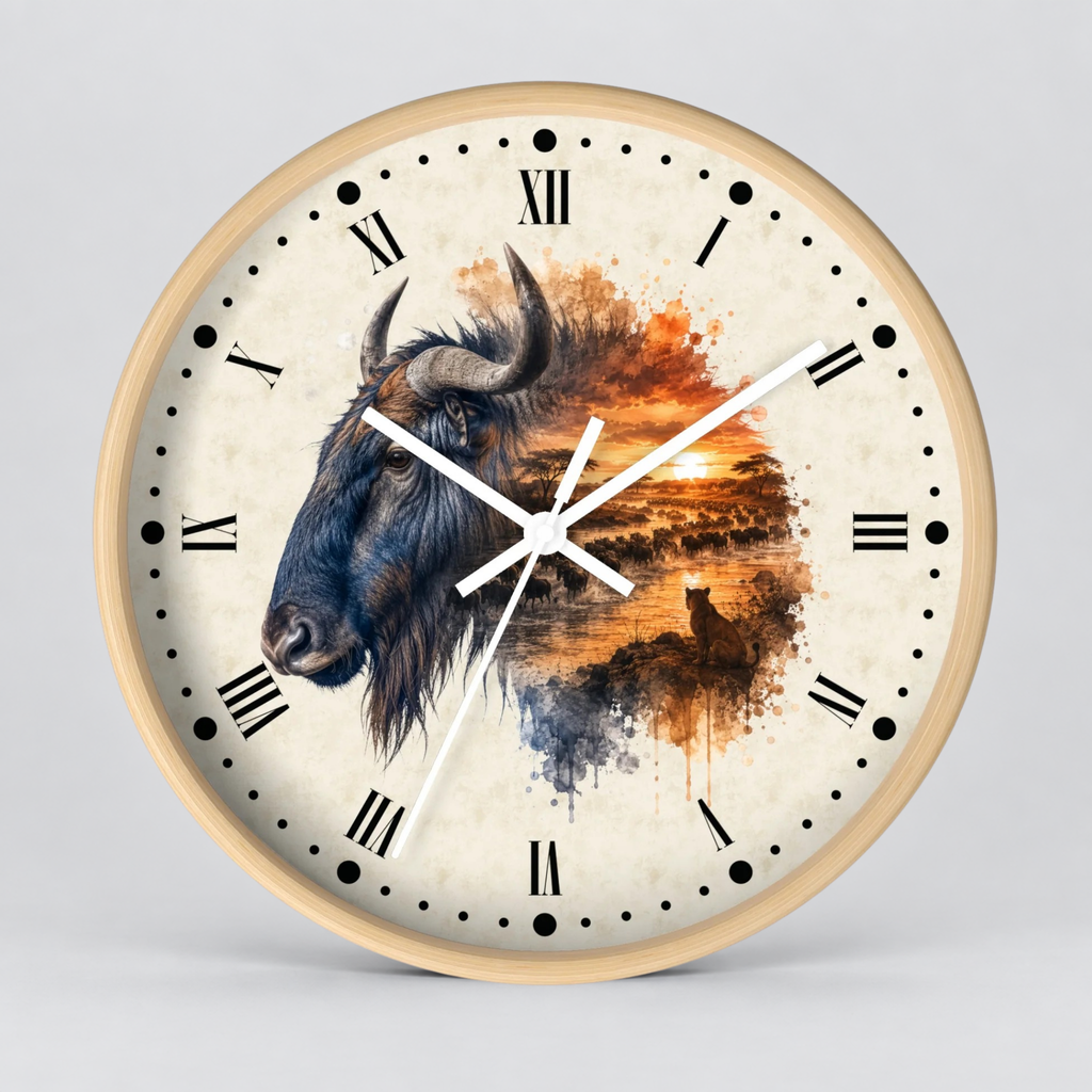 Round wall clock with a light wood frame and a cream-colored face featuring a painted wildebeest and a sunset landscape in warm orange, brown, and blue tones. Black Roman numerals and white clock hands are visible against a light gray studio background.