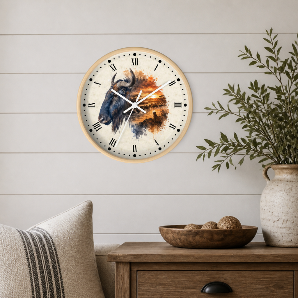 Round wall clock with a light wood frame and a African wildebeest illustration in blue, black, and orange tones, mounted on a white shiplap wall above a wooden side table with a plant and decorative bowl.