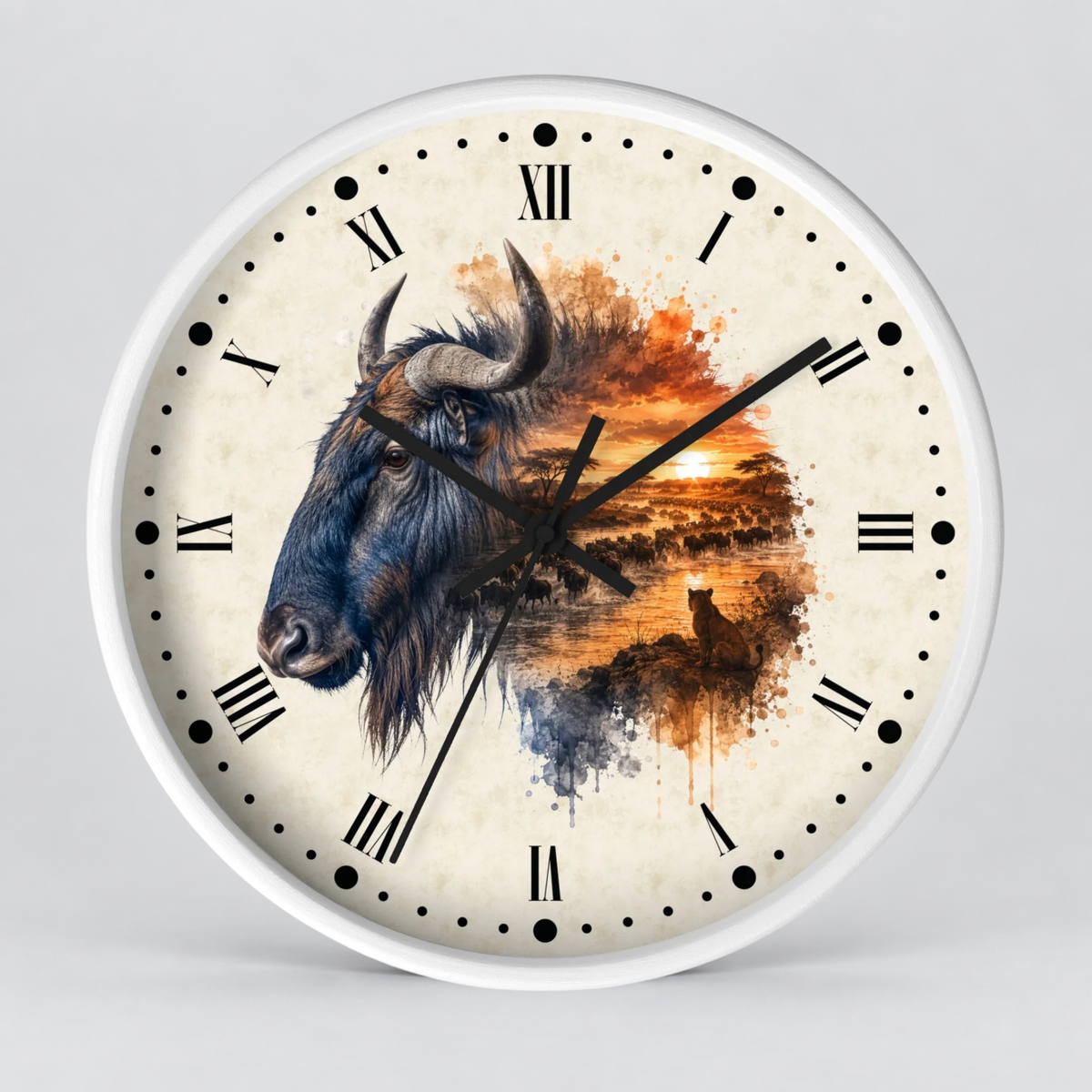 A round wall clock with a white frame and a cream-colored face featuring a painted bison and a sunset landscape. The clock has black Roman numerals, black hour and minute hands, and black minute markers.