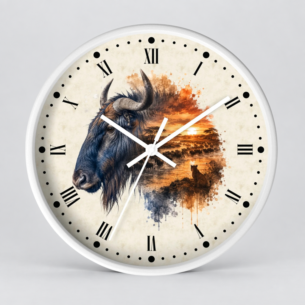 A round wall clock with a white frame and a cream-colored face featuring a painted Wildebeest and a sunset landscape in warm orange, brown, and blue tones. The clock has black Roman numerals and white hands on a light gray background.