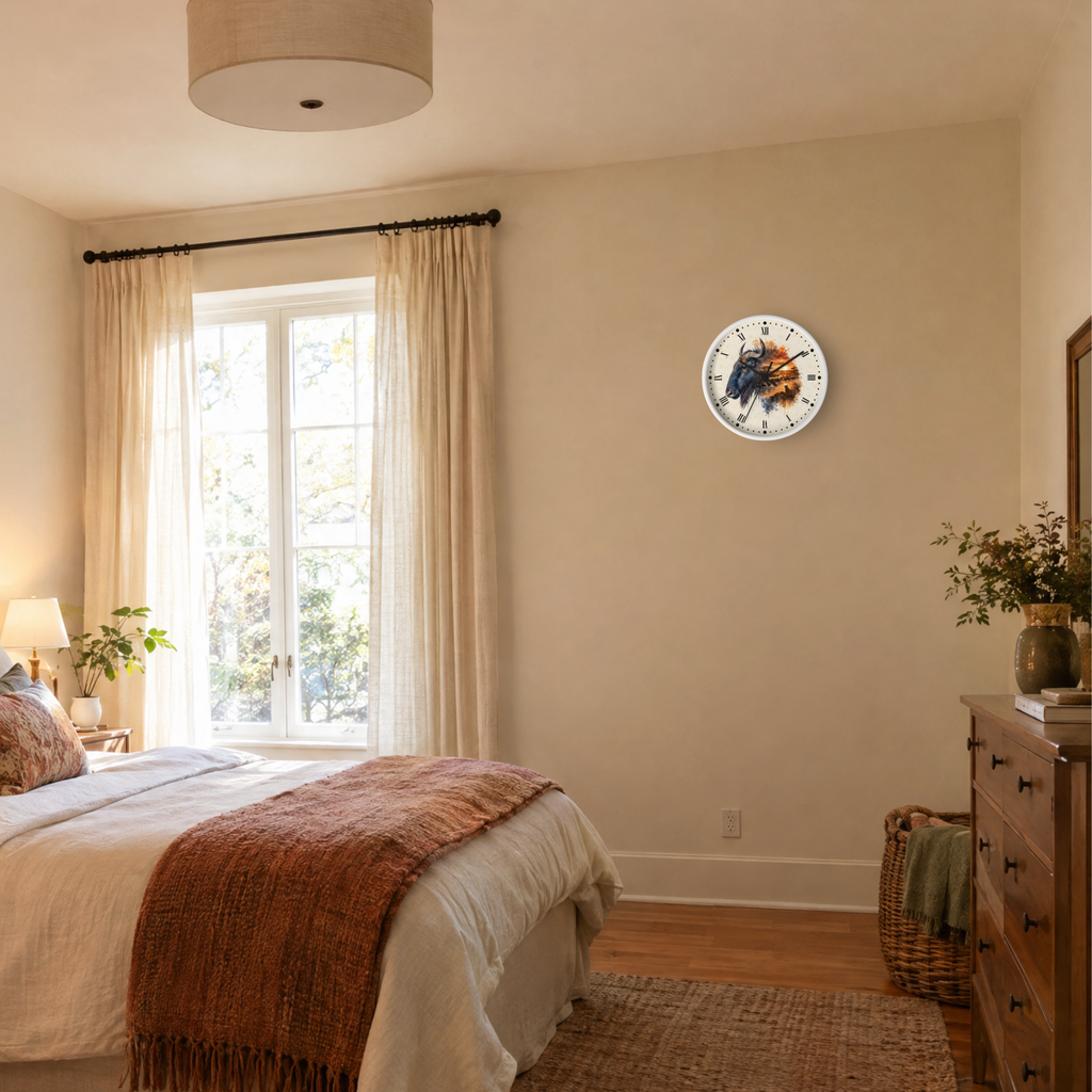 A round wall clock with a detailed Wildebeest illustration on the face, mounted on a beige wall in a styled bedroom setting.
