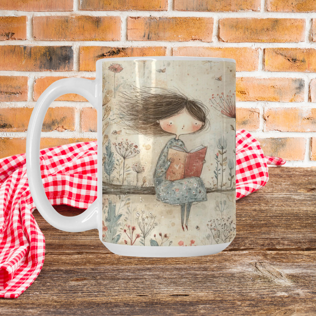 Mug with a design of a girl reading a book on a picnic table against a brick wall background