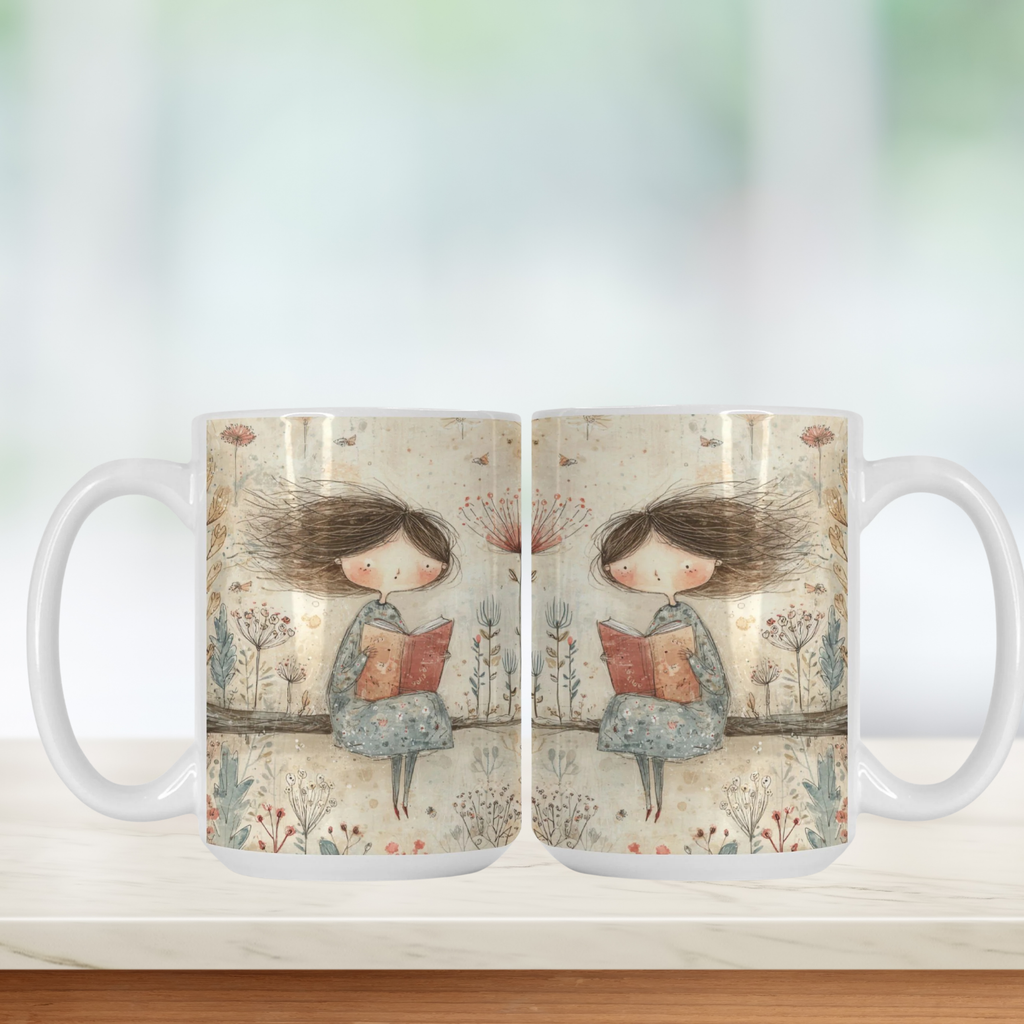 Mug with a design of a girl reading a book on a white background