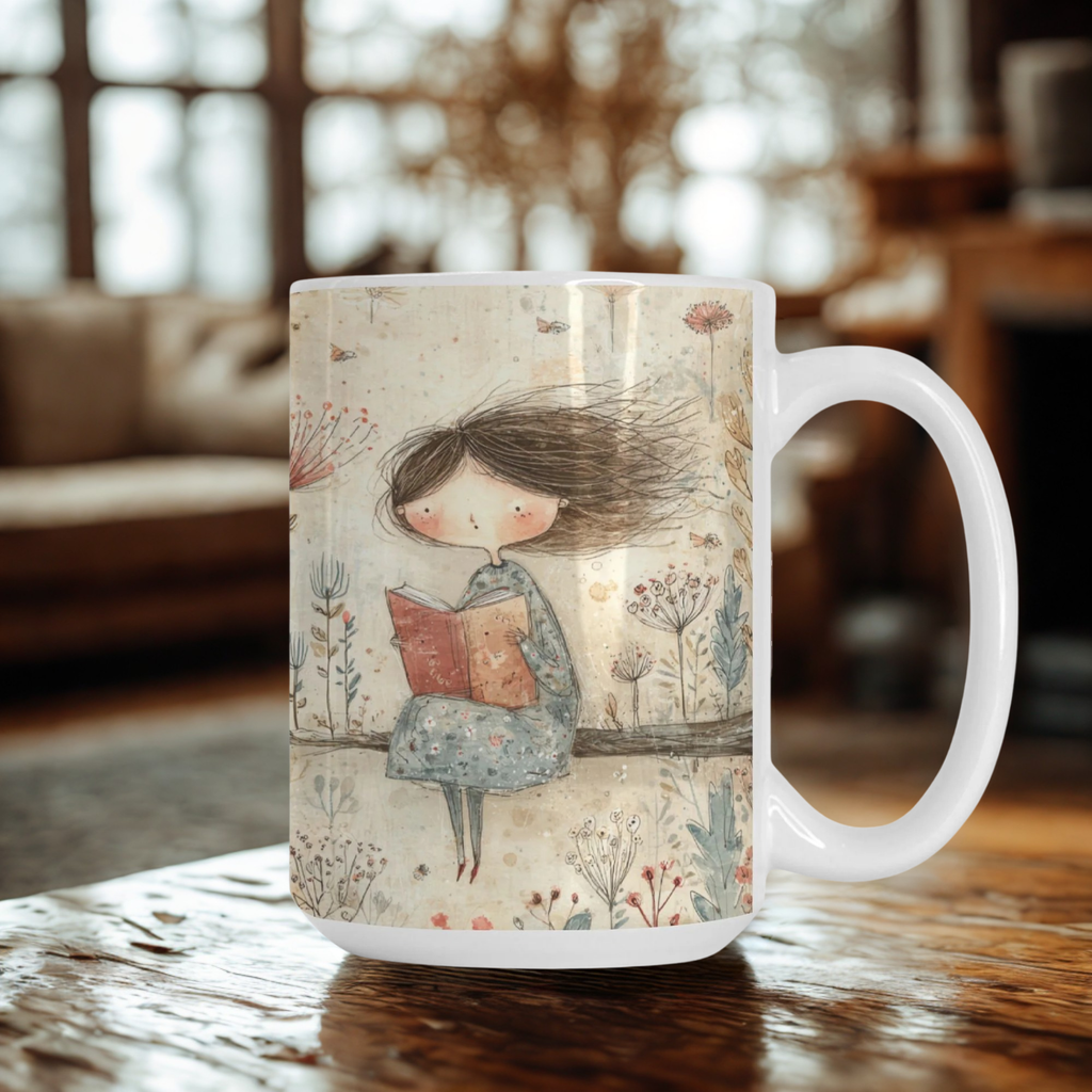 Mug with a design of a girl reading a book in a garden on a wooden table.