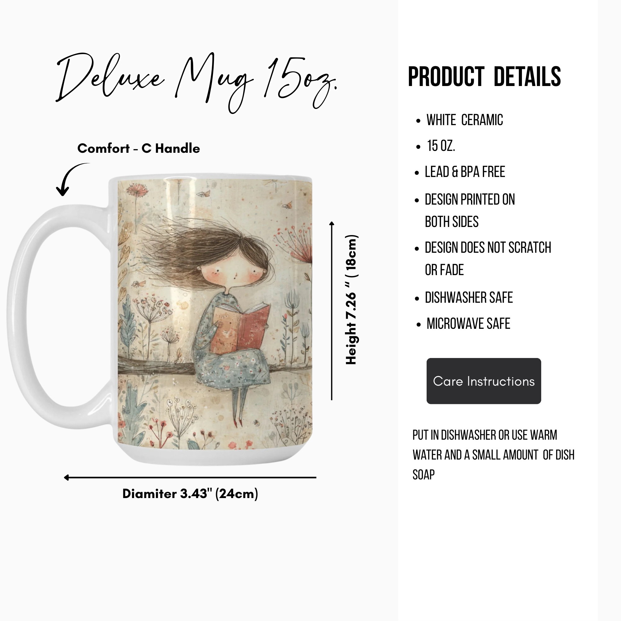 Mug with artistic design of a girl reading a book, featuring product details on a white background.