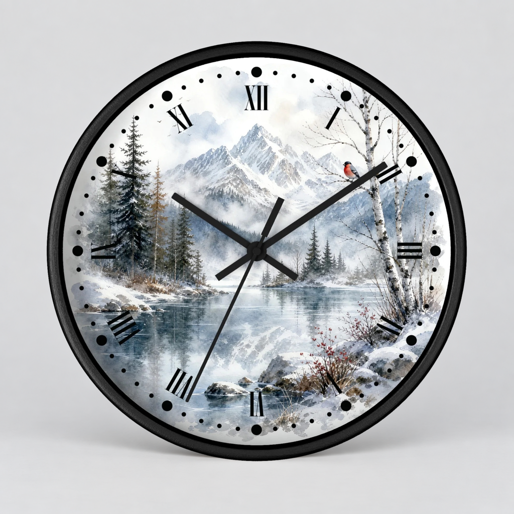 Round wall clock with a black frame and a winter landscape print featuring snow-covered mountains, pine trees, a reflective lake, and a small red bird, with black Roman numerals and hands on a light gray background.