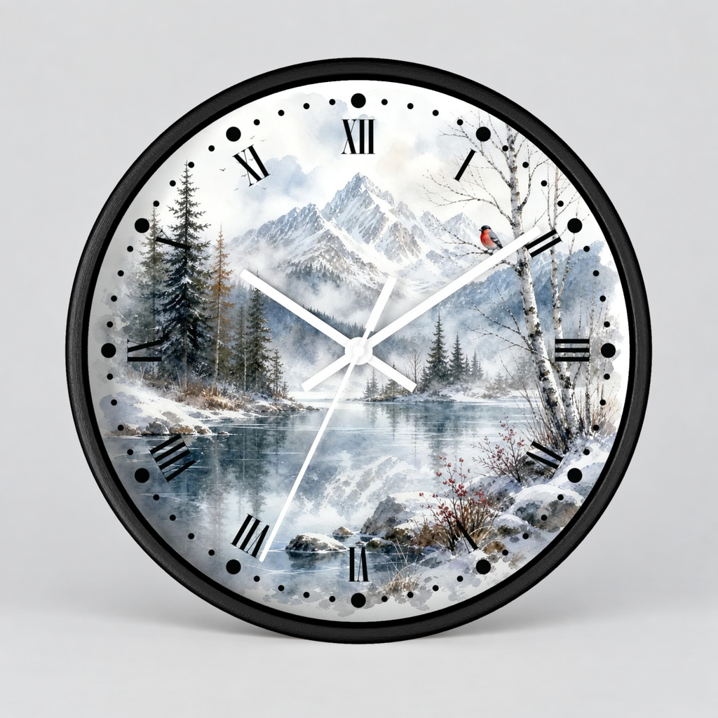 Round wall clock with a black frame and a winter landscape print featuring snow-covered mountains, pine trees, a reflective lake, and a small red bird, with black Roman numerals and white hands on a light gray background.