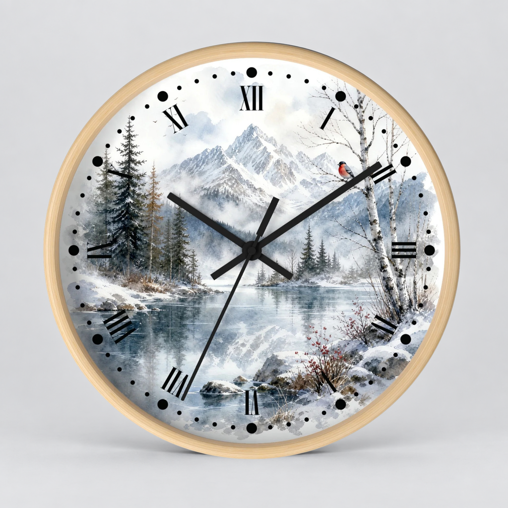 Round wall clock with a light wood frame and a winter landscape print featuring snow-covered mountains, pine trees, a reflective lake, and black Roman numerals.