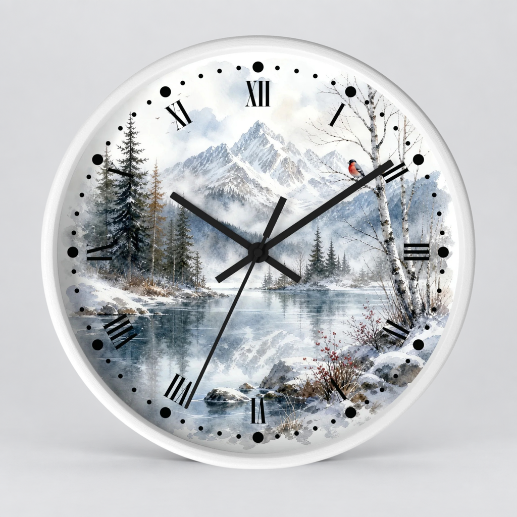 Round wall clock with a white frame and a winter mountain landscape printed on the face, featuring black Roman numerals, black hands, and a small red bird near the upper right side.