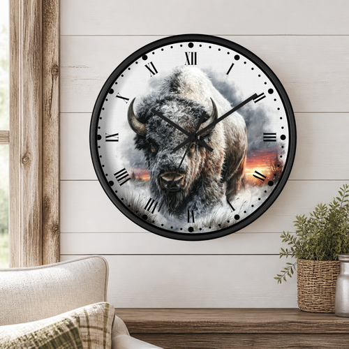 A round wall clock with a black frame and a printed bison design on the face, mounted on a white shiplap wall in a styled room with a wooden floor, plant, and part of a chair visible.