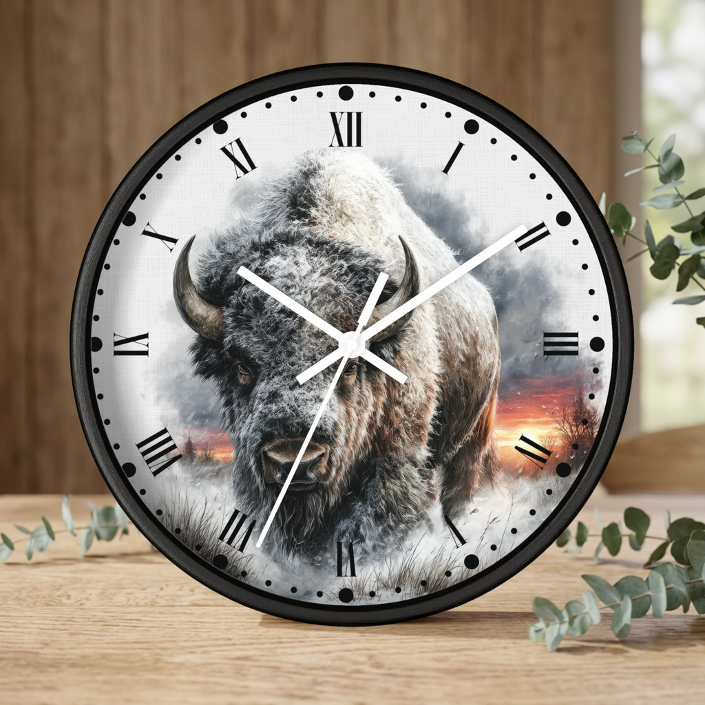 Winter Buffalo Wall Clock — Rustic Bison Decor