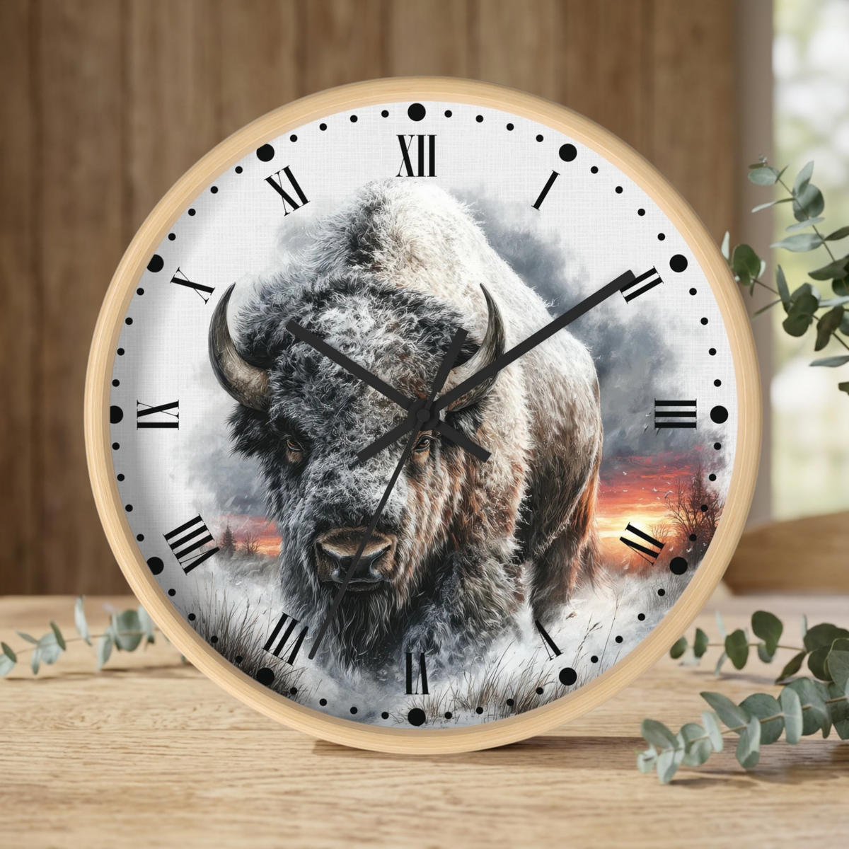 Winter Buffalo Wall Clock — Rustic Bison Decor