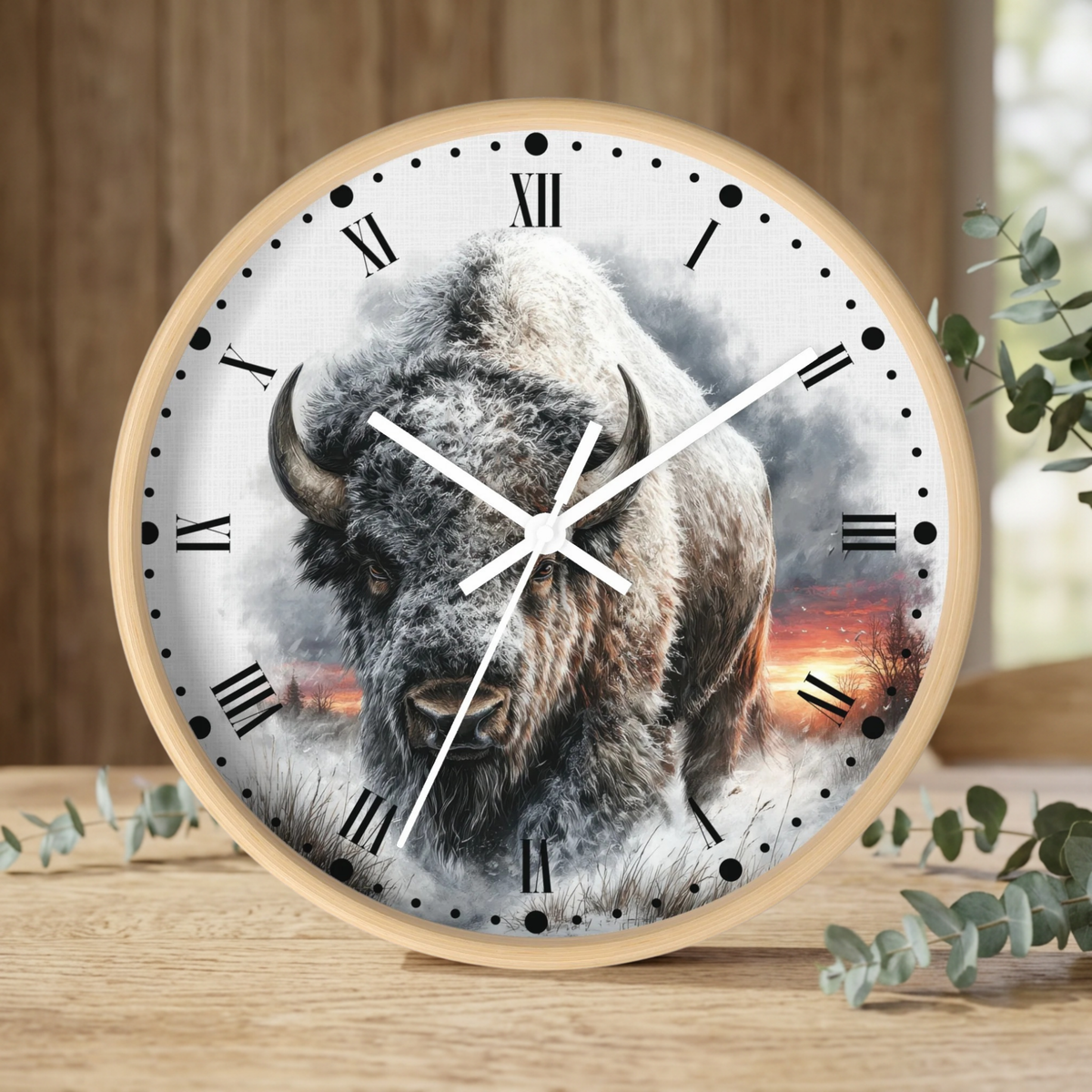 Winter Buffalo Wall Clock — Rustic Bison Decor