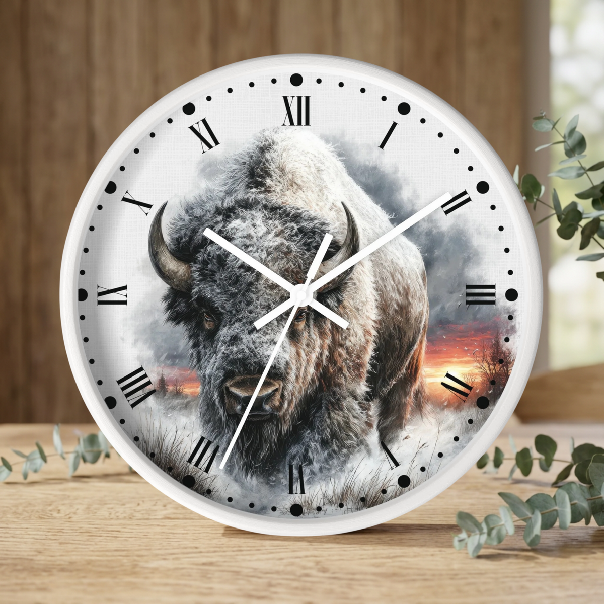 Winter Buffalo Wall Clock — Rustic Bison Decor
