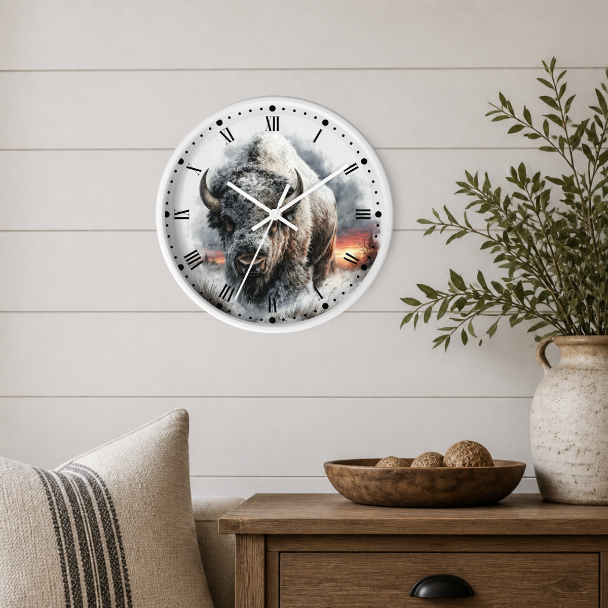 Winter Buffalo Wall Clock — Rustic Bison Decor