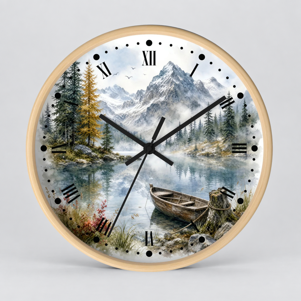A round wall clock with a light wood frame and a scenic landscape print featuring a mountain lake, pine trees, a small boat, and black Roman numerals, shown against a light gray background.