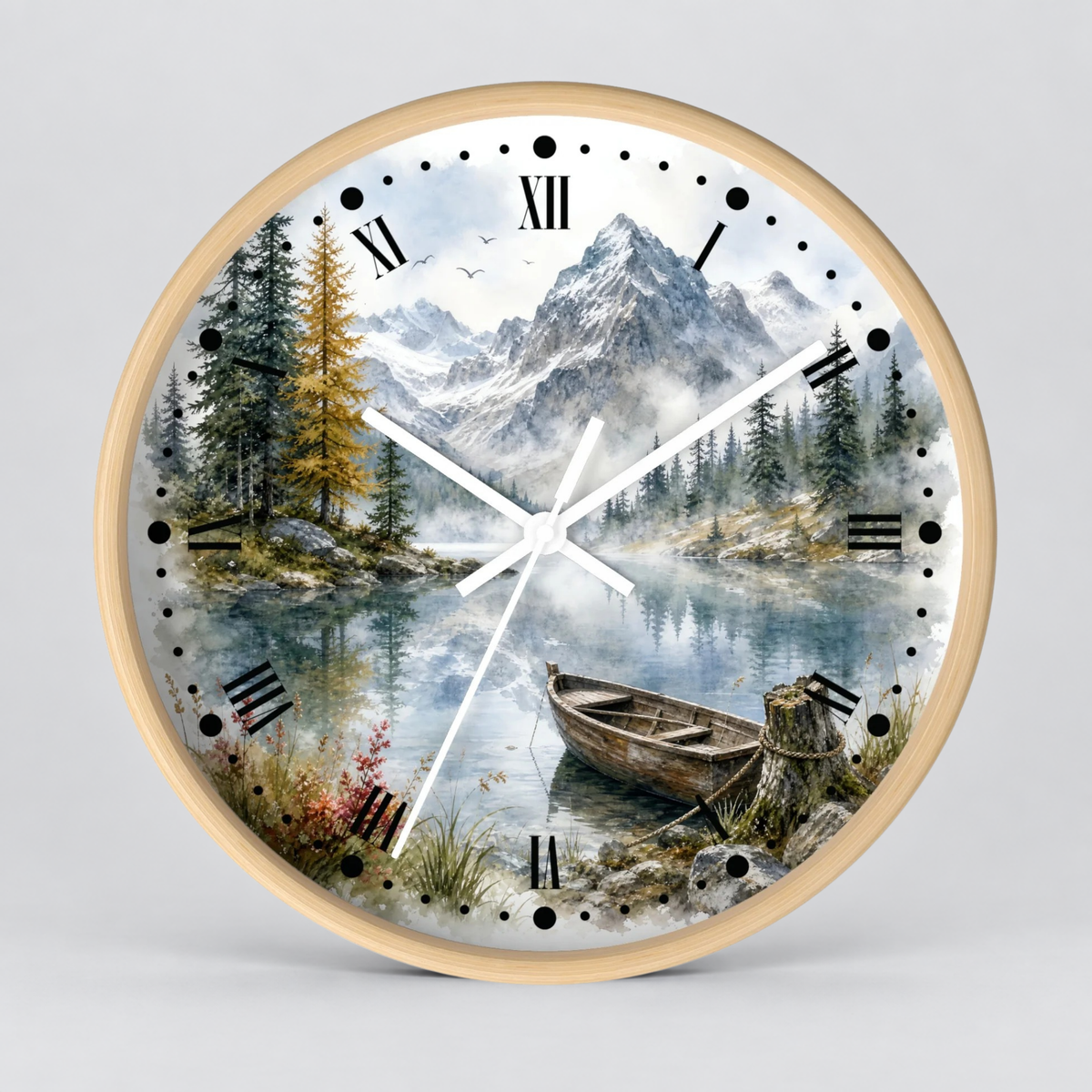 Round wall clock with a light wood frame and a scenic landscape print featuring a mountain, pine trees, a calm lake, and a small rowboat. The clock face has a white background with black Roman numerals and white clock hands, shown against a light gray studio background.