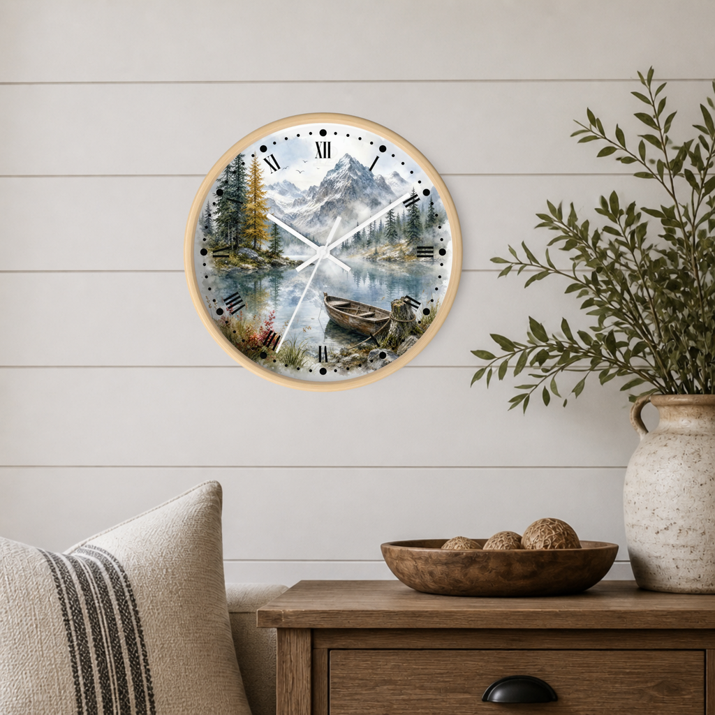 A round wall clock with a light wood frame and a scenic mountain lake print, mounted on a white shiplap wall above a wooden side table with a vase and bowl.
