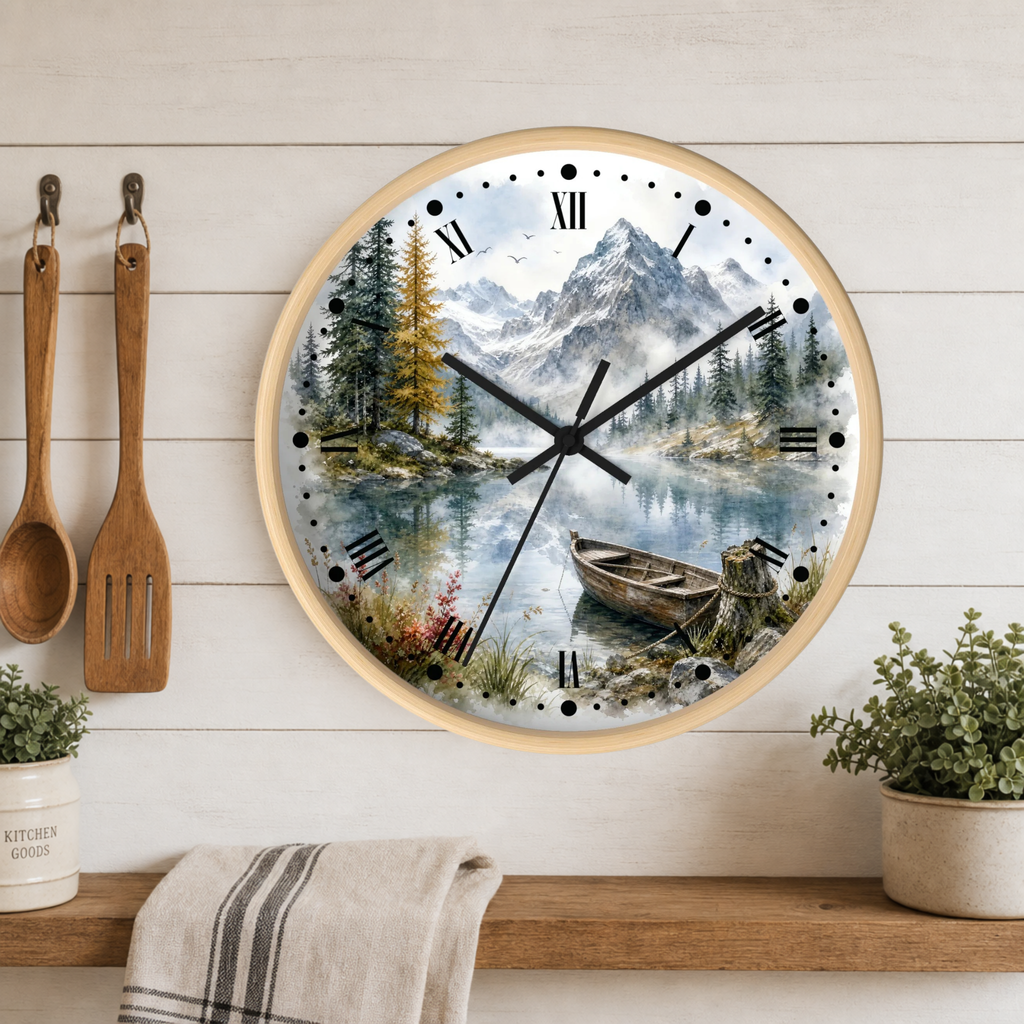 Round wall clock with a scenic mountain lake print, mounted on a white wood plank wall above a shelf with plants and a towel. Wooden kitchen utensils hang on the left.