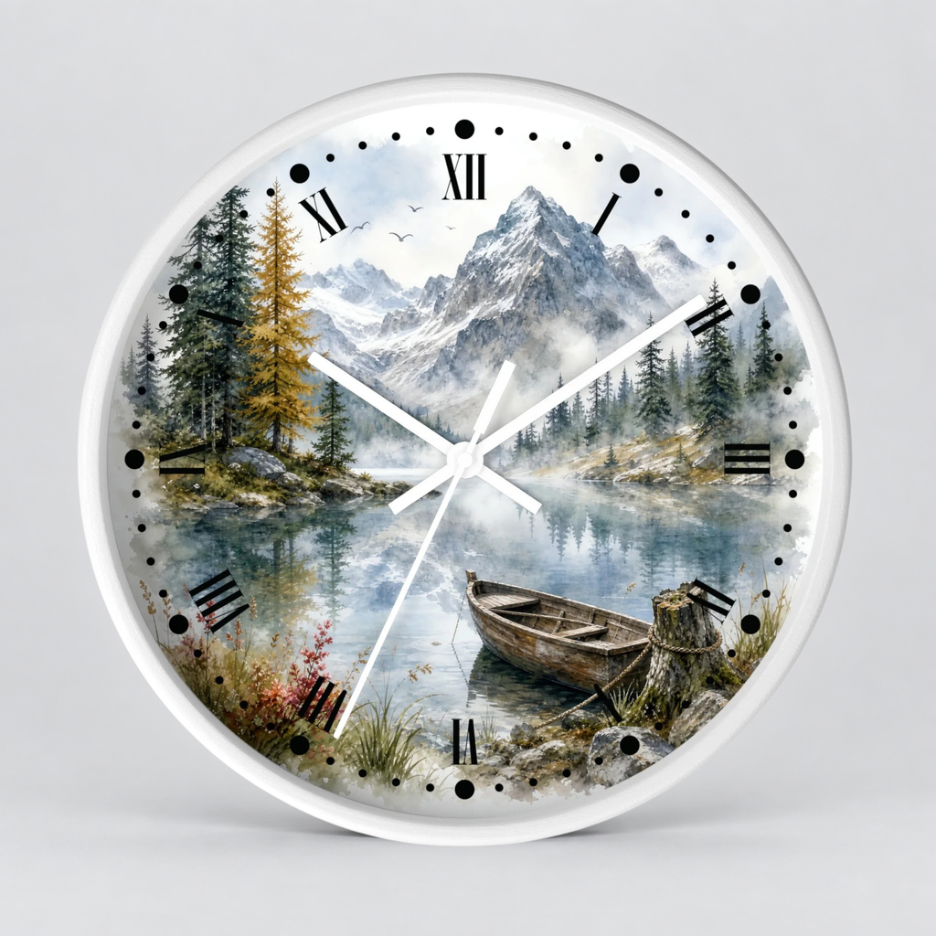 A round wall clock with a white frame and a scenic landscape print featuring a mountain lake, pine trees, a small boat, and black Roman numerals, shown against a light gray background.