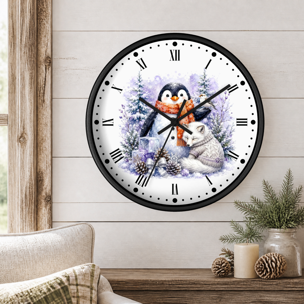 Winter Penguin & Fox Wall Clock – Festive Snowy Forest Decor