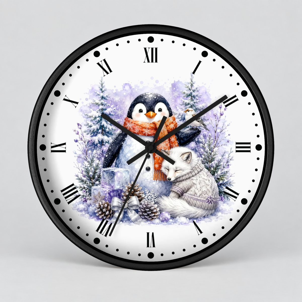 Winter Penguin & Fox Wall Clock – Festive Snowy Forest Decor