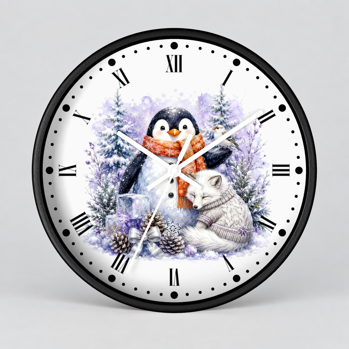 Winter Penguin & Fox Wall Clock – Festive Snowy Forest Decor