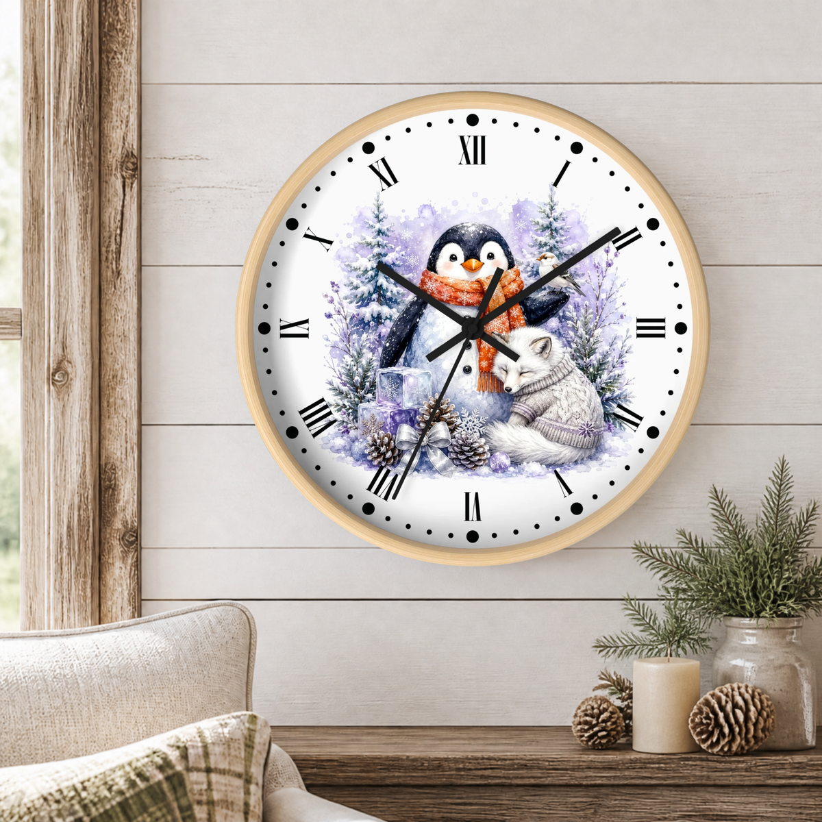 Winter Penguin & Fox Wall Clock – Festive Snowy Forest Decor