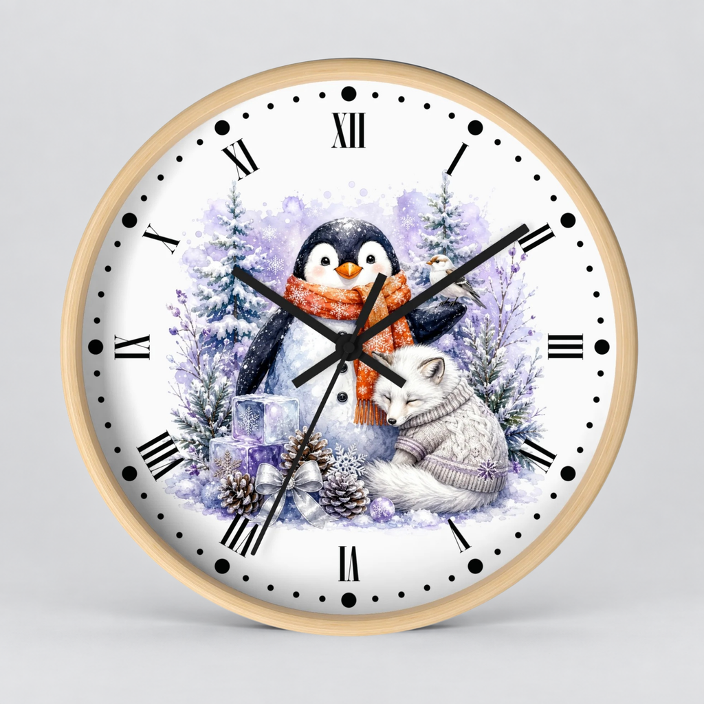 Winter Penguin & Fox Wall Clock – Festive Snowy Forest Decor