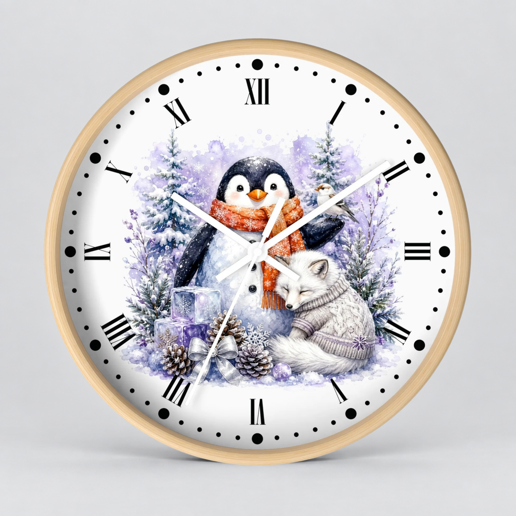 Winter Penguin & Fox Wall Clock – Festive Snowy Forest Decor