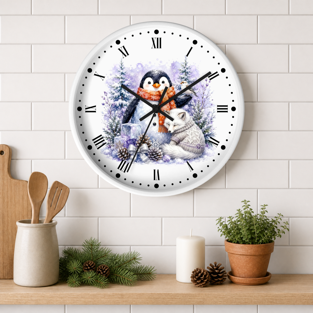 Winter Penguin & Fox Wall Clock – Festive Snowy Forest Decor