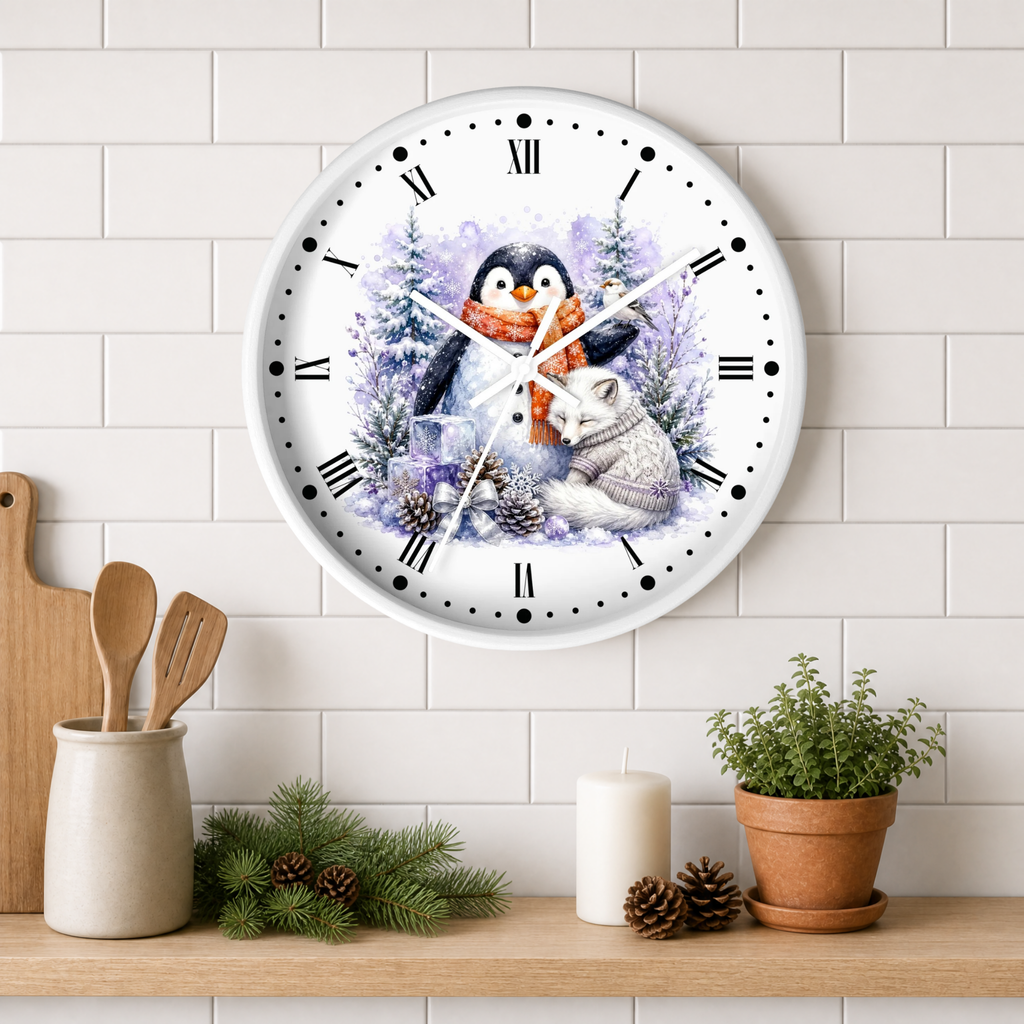 Winter Penguin & Fox Wall Clock – Festive Snowy Forest Decor