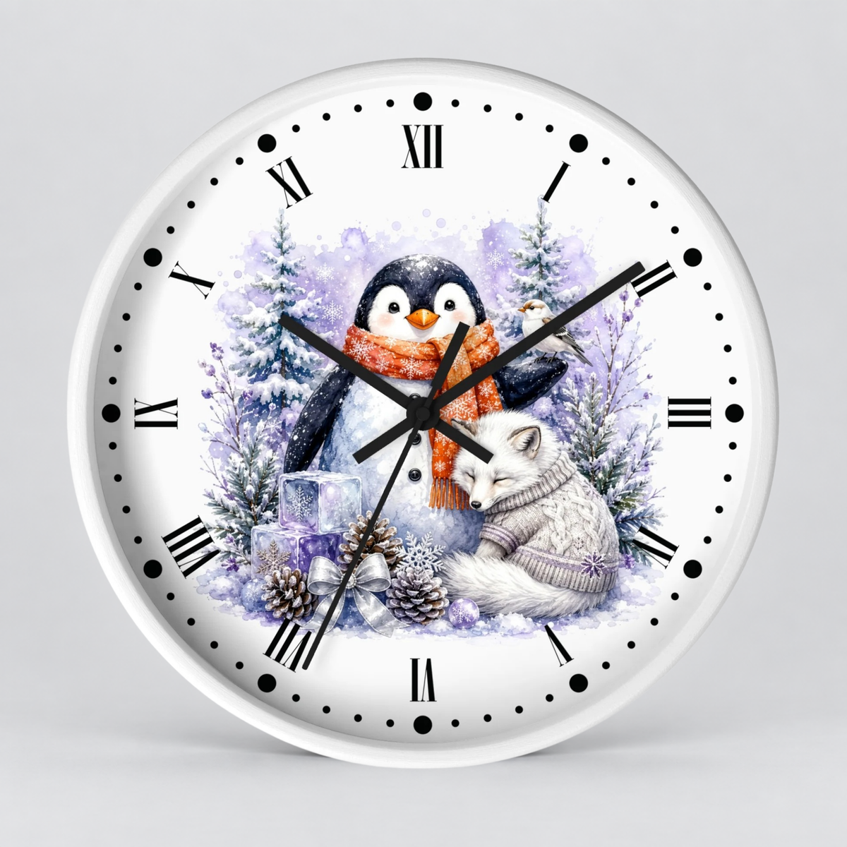 Winter Penguin & Fox Wall Clock – Festive Snowy Forest Decor
