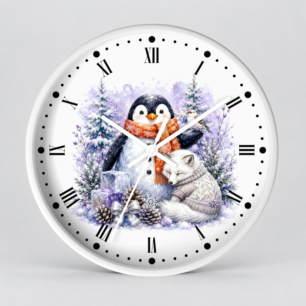 Winter Penguin & Fox Wall Clock – Festive Snowy Forest Decor